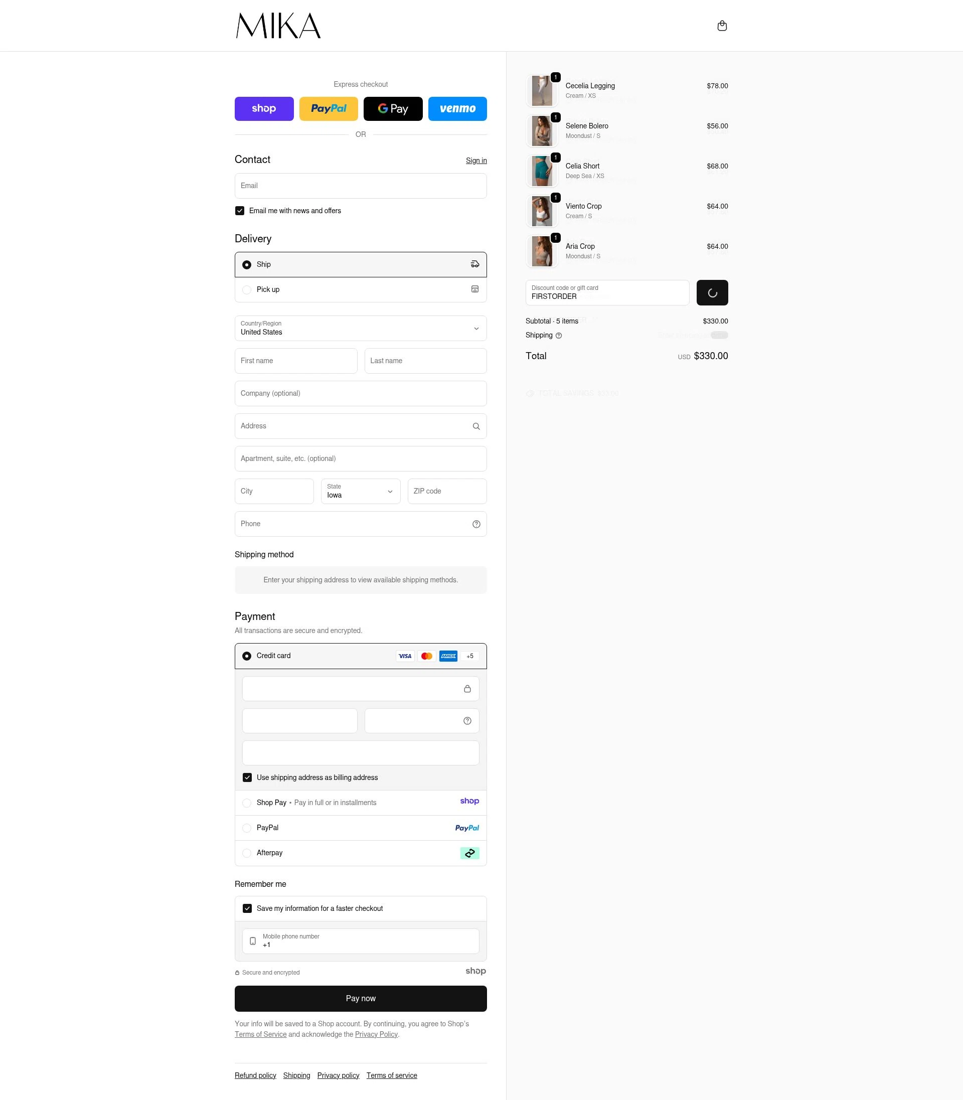 Mika Yoga Wear checkout page showing Mika Yoga Wear discount code box | Screenshot taken by SimplyCodes community member on Dec 28, 2025