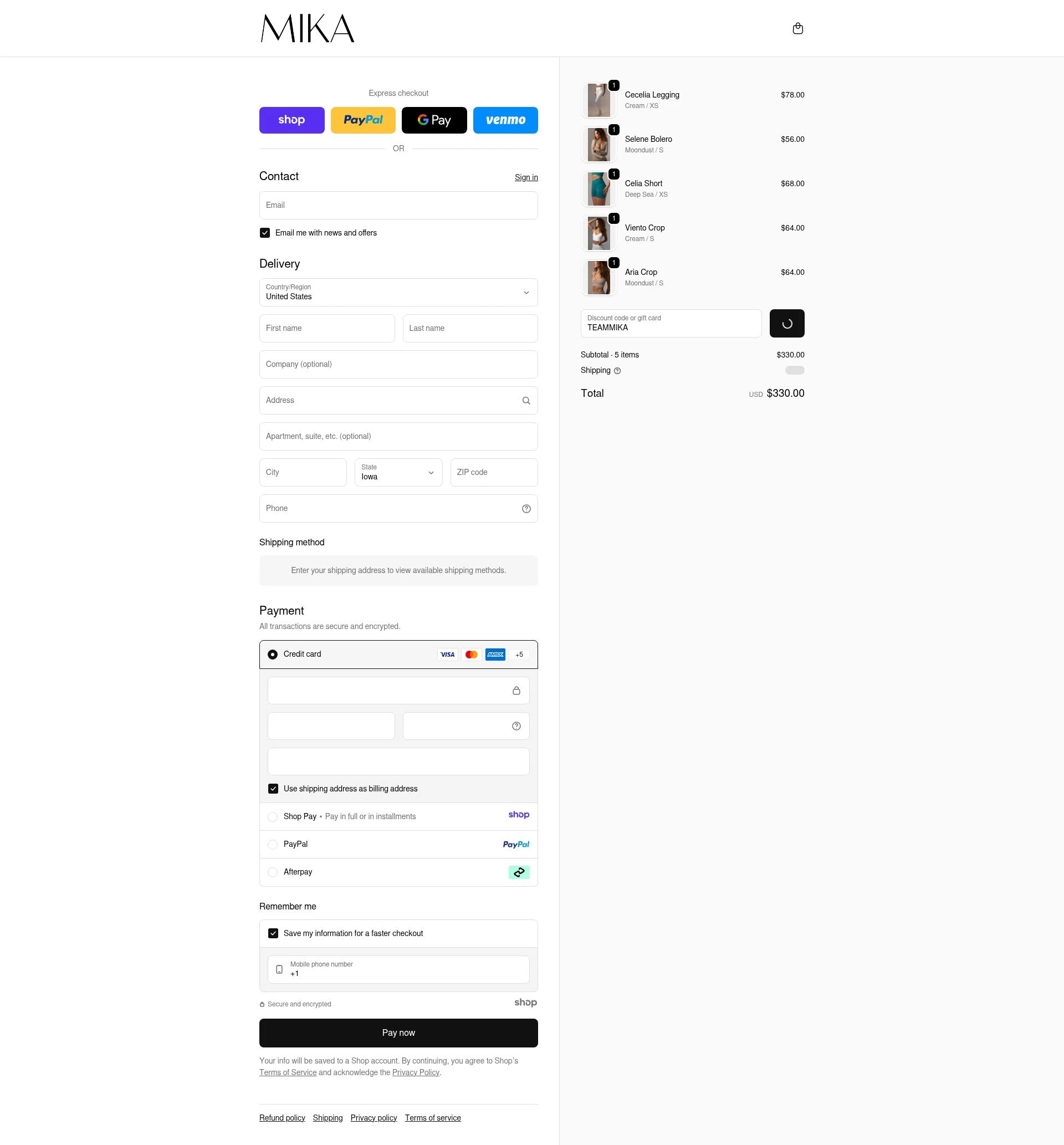 Mika Yoga Wear checkout page showing Mika Yoga Wear discount code box | Screenshot taken by SimplyCodes community member on Jan 2, 2026