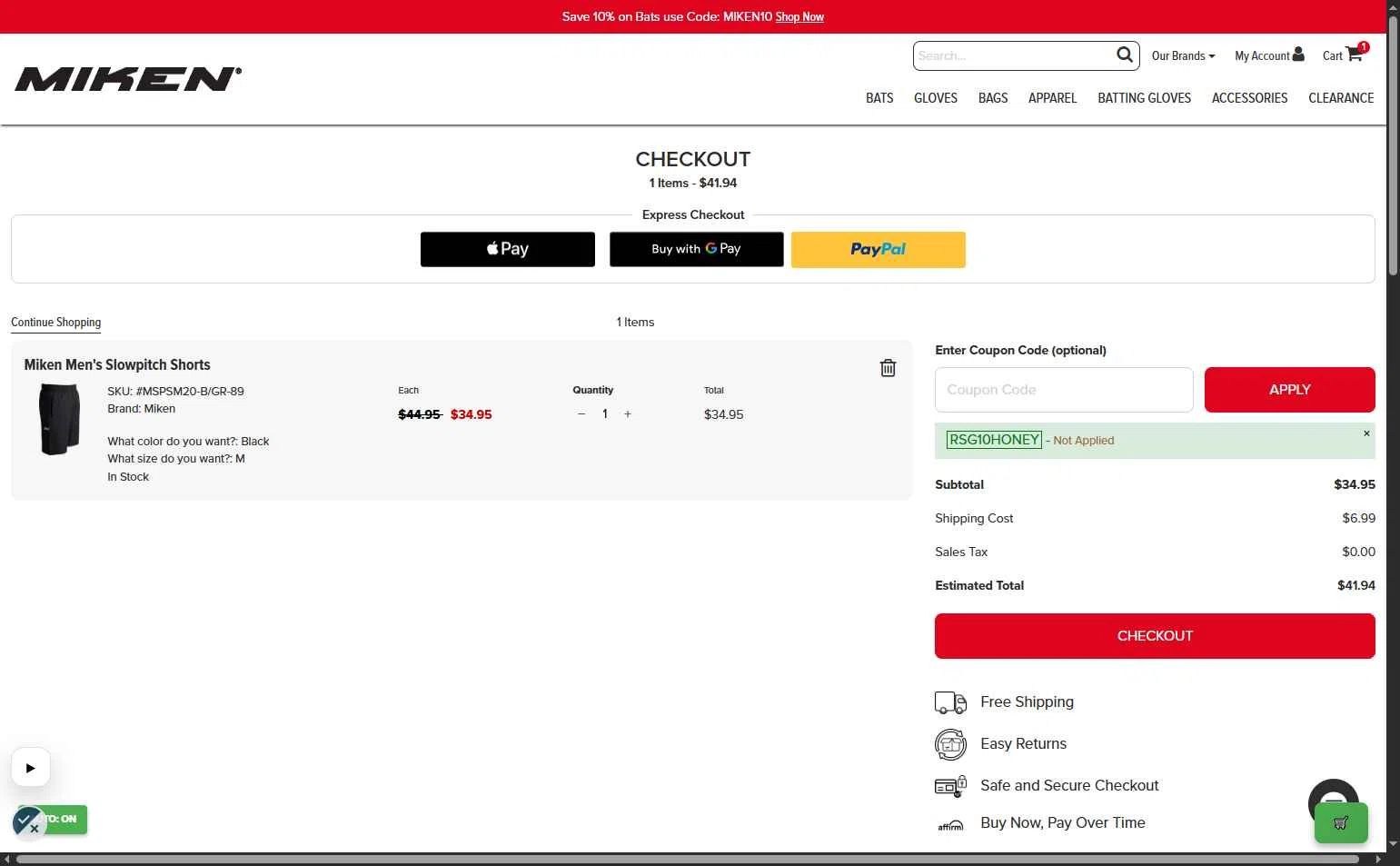 Miken Sports Goods checkout page showing Miken Sports Goods promo code box | Screenshot taken by SimplyCodes community member on Jan 7, 2026