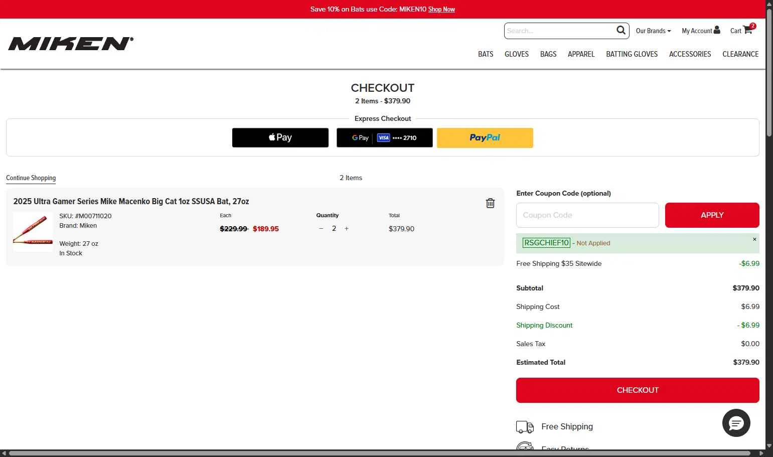 Miken Sports Goods checkout page showing Miken Sports Goods promo code box | Screenshot taken by SimplyCodes community member on Jan 7, 2026