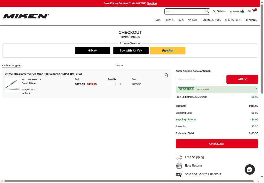 Miken Sports Goods checkout page showing Miken Sports Goods promo code box | Screenshot taken by SimplyCodes community member on Dec 20, 2025