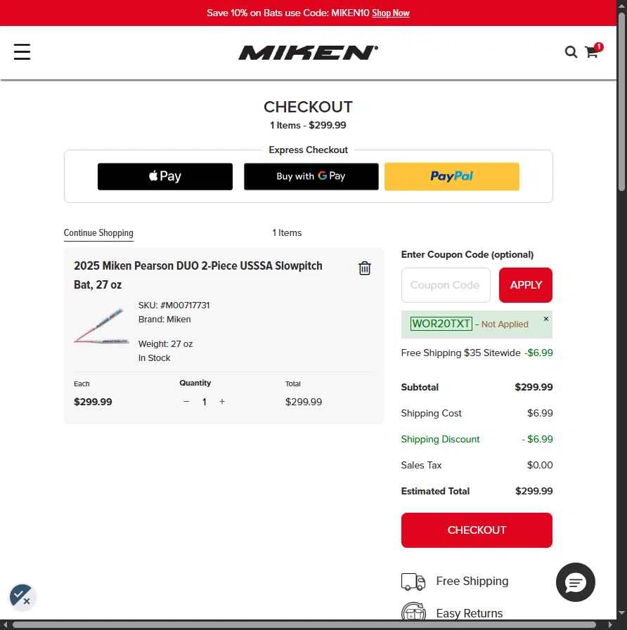 Miken Sports Goods checkout page showing Miken Sports Goods promo code box | Screenshot taken by SimplyCodes community member on Dec 20, 2025