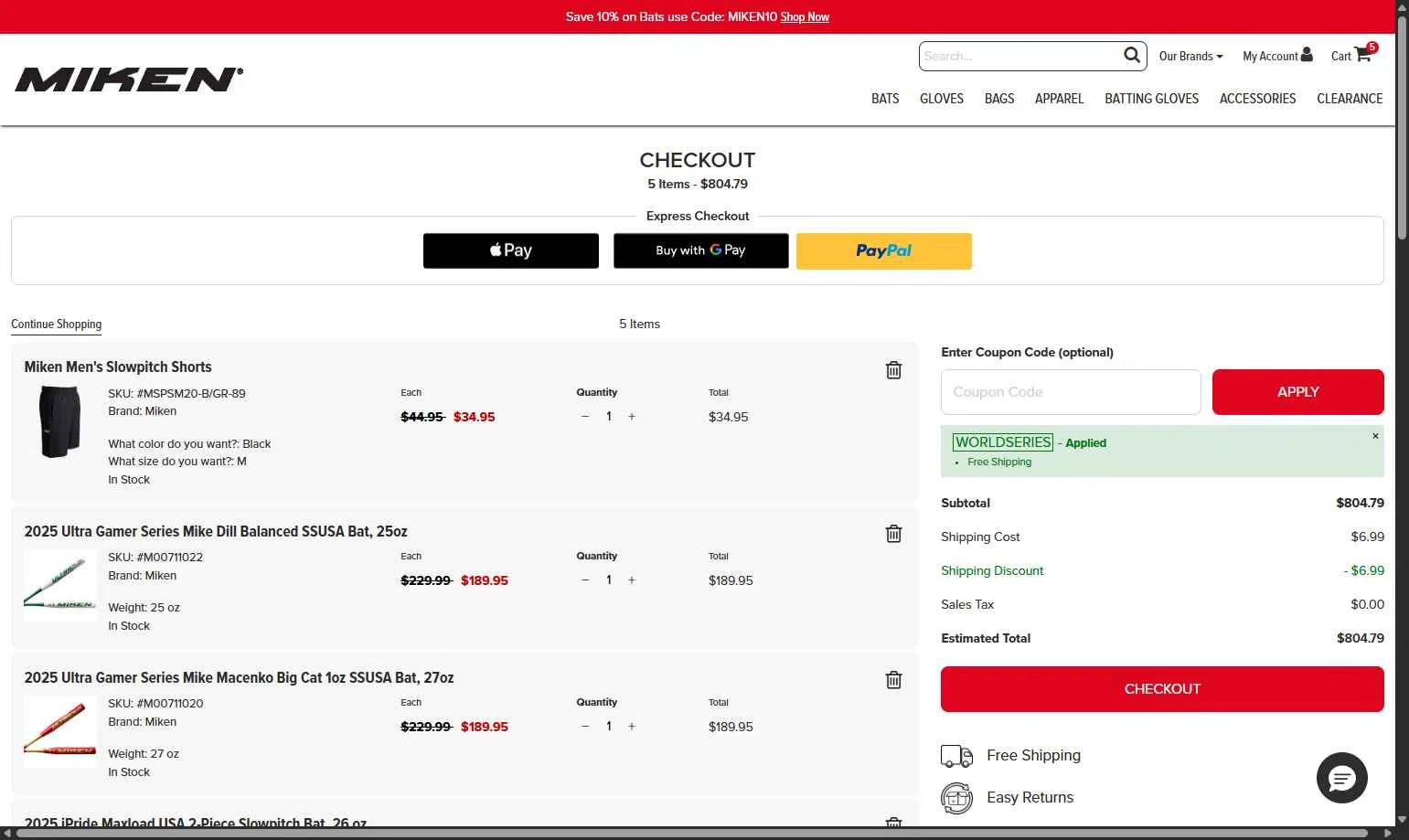 Miken Sports Goods checkout page showing Miken Sports Goods promo code box | Screenshot taken by SimplyCodes community member on Jan 5, 2026