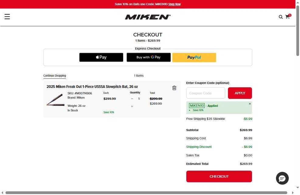 Miken Sports Goods checkout page showing Miken Sports Goods promo code box | Screenshot taken by SimplyCodes community member on Jan 2, 2026