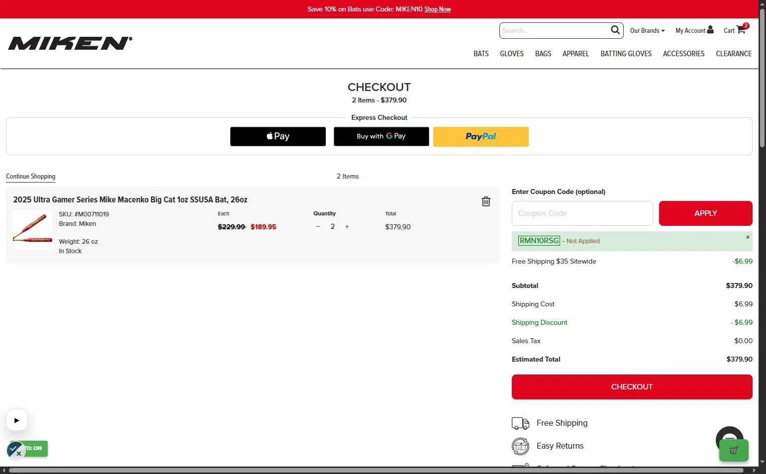 Miken Sports Goods checkout page showing Miken Sports Goods promo code box | Screenshot taken by SimplyCodes community member on Jan 7, 2026
