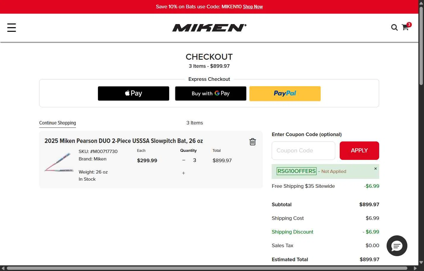 Miken Sports Goods checkout page showing Miken Sports Goods promo code box | Screenshot taken by SimplyCodes community member on Jan 5, 2026