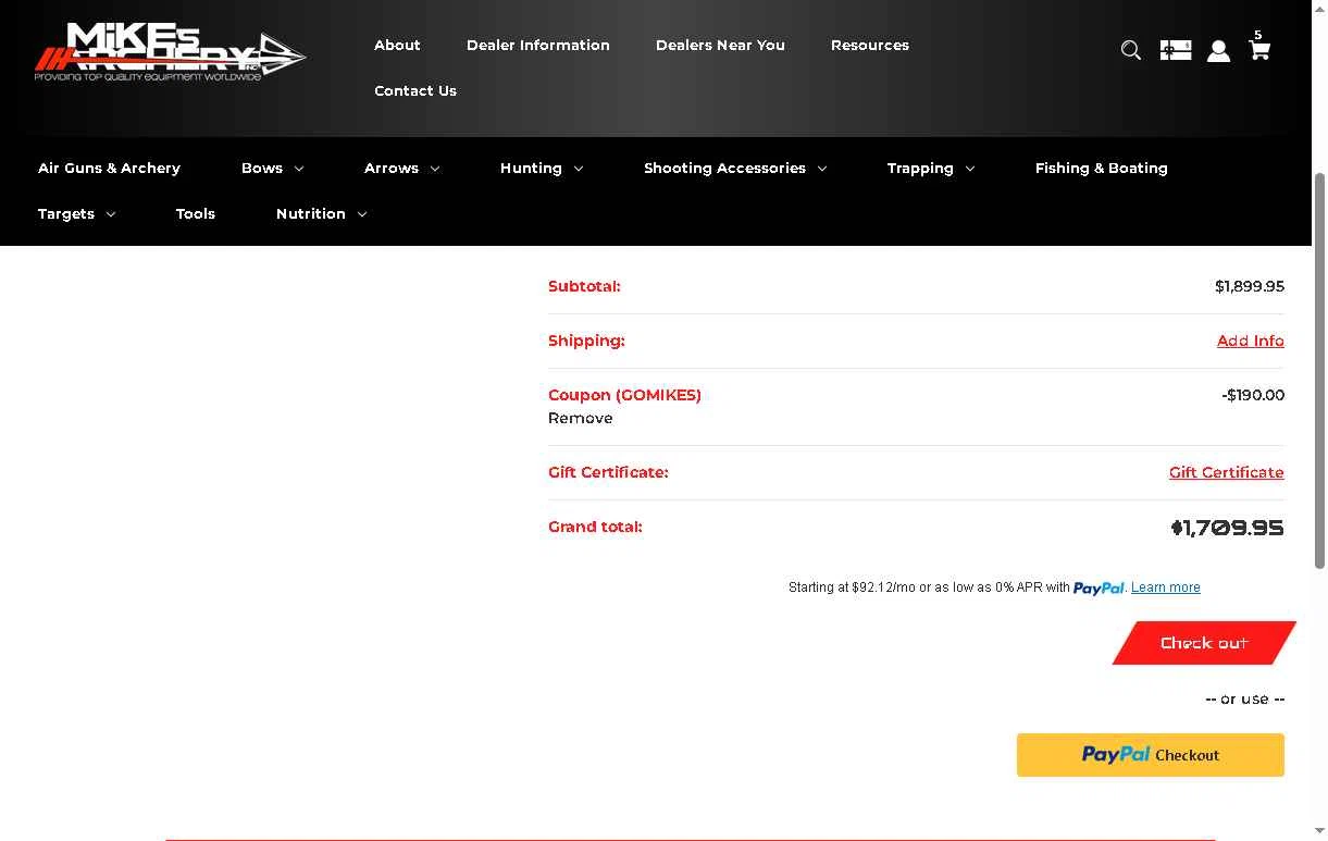 Mike's Archery checkout page showing Mike's Archery coupon code box | Screenshot taken by SimplyCodes community member on Jan 31, 2026