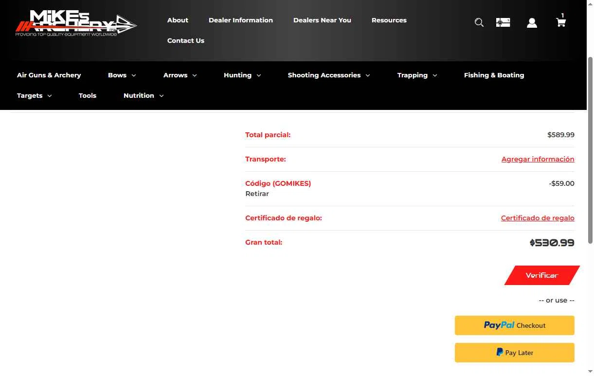 Mike's Archery checkout page showing Mike's Archery coupon code box | Screenshot taken by SimplyCodes community member on Oct 13, 2025