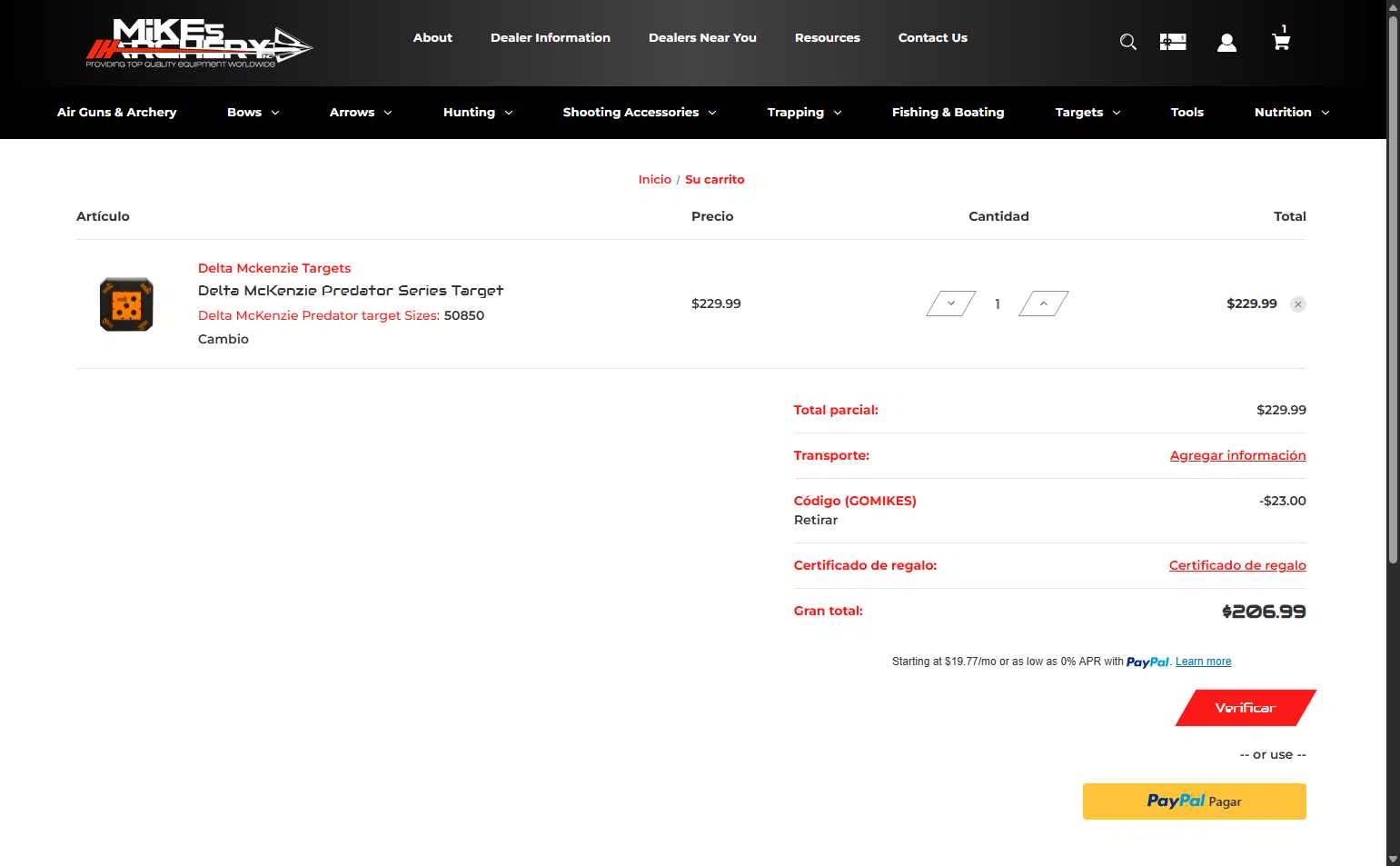 Mike's Archery checkout page showing Mike's Archery coupon code box | Screenshot taken by SimplyCodes community member on Jan 31, 2026