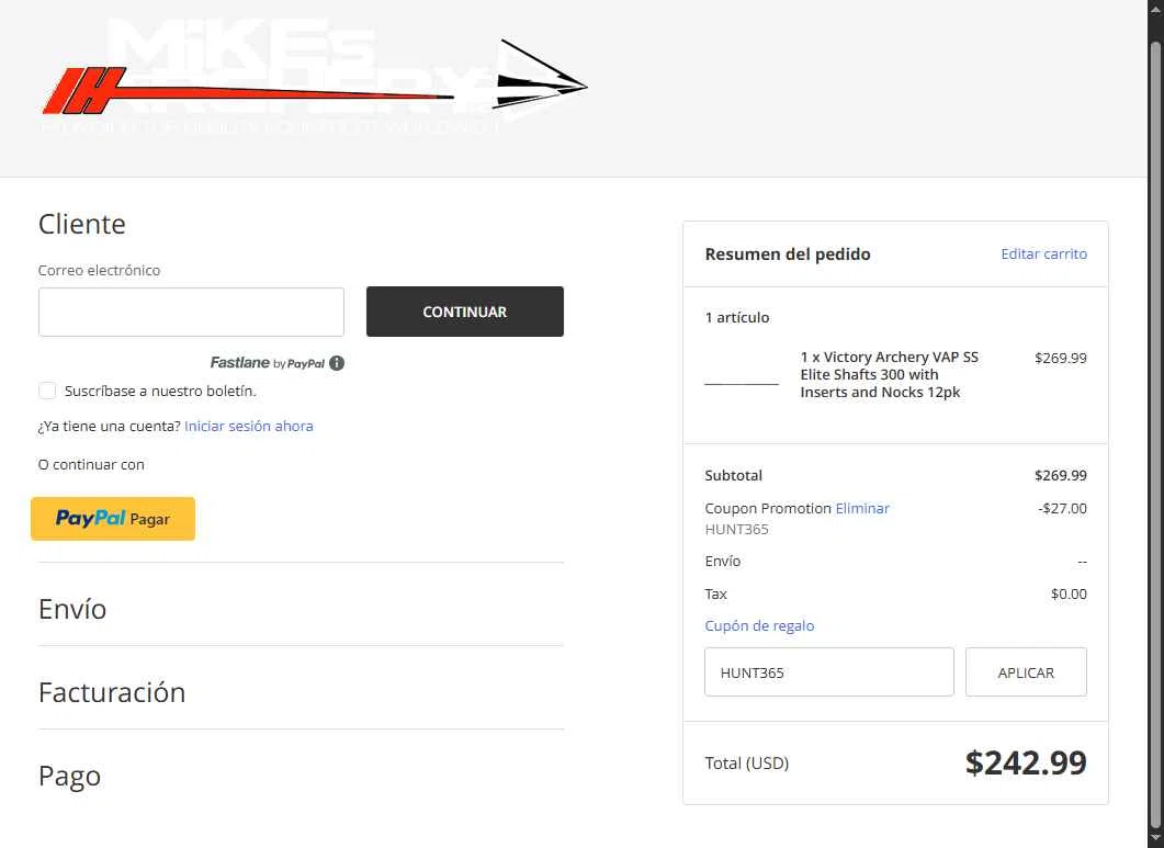 Mike's Archery checkout page showing Mike's Archery coupon code box | Screenshot taken by SimplyCodes community member on Dec 11, 2025