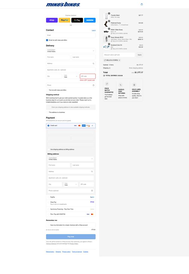 Mikes Bikes checkout page showing Mikes Bikes promo code box | Screenshot taken by SimplyCodes community member on Sep 3, 2025