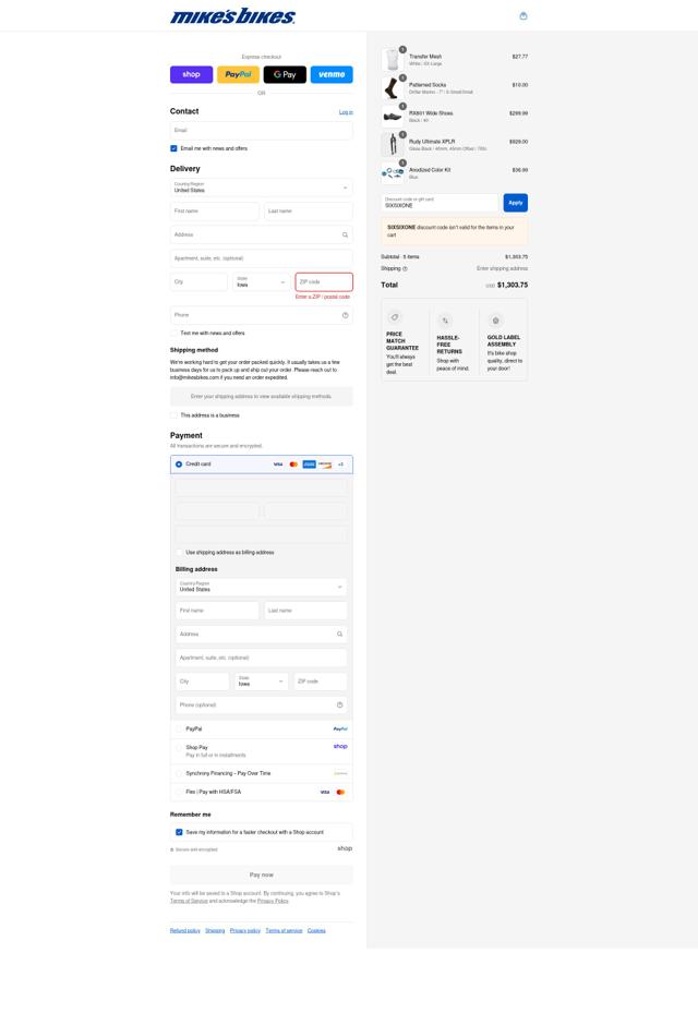 Mikes Bikes checkout page showing Mikes Bikes promo code box | Screenshot taken by SimplyCodes community member on Sep 7, 2025