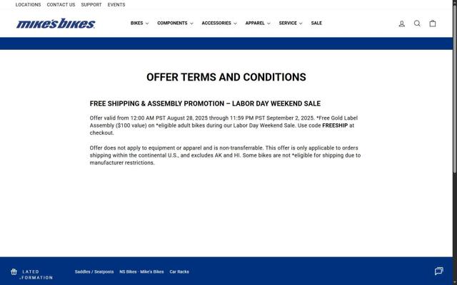 Mikes Bikes checkout page showing Mikes Bikes promo code box | Screenshot taken by SimplyCodes community member on Sep 3, 2025