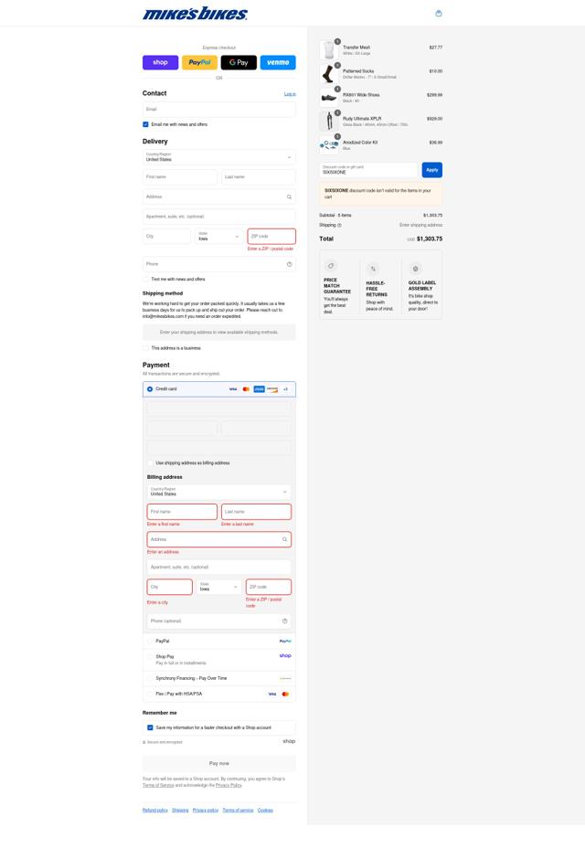 Mikes Bikes checkout page showing Mikes Bikes promo code box | Screenshot taken by SimplyCodes community member on Sep 3, 2025