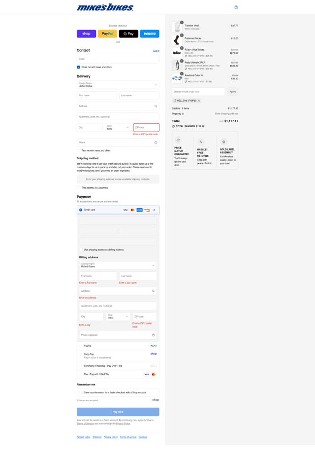 Mikes Bikes checkout page showing Mikes Bikes promo code box | Screenshot taken by SimplyCodes community member on Sep 7, 2025