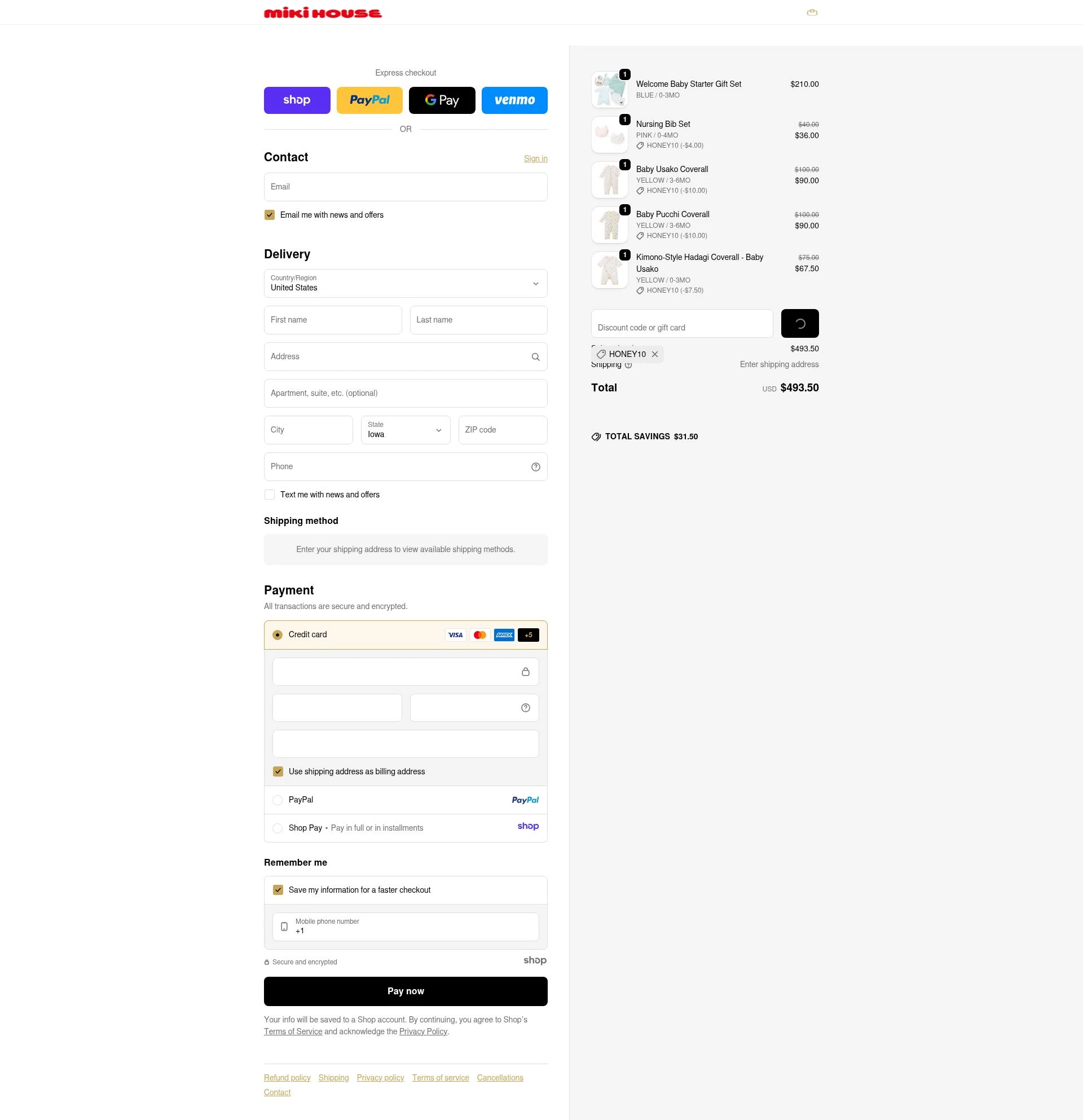 Miki House checkout page showing Miki House discount code box | Screenshot taken by SimplyCodes community member on Dec 15, 2025