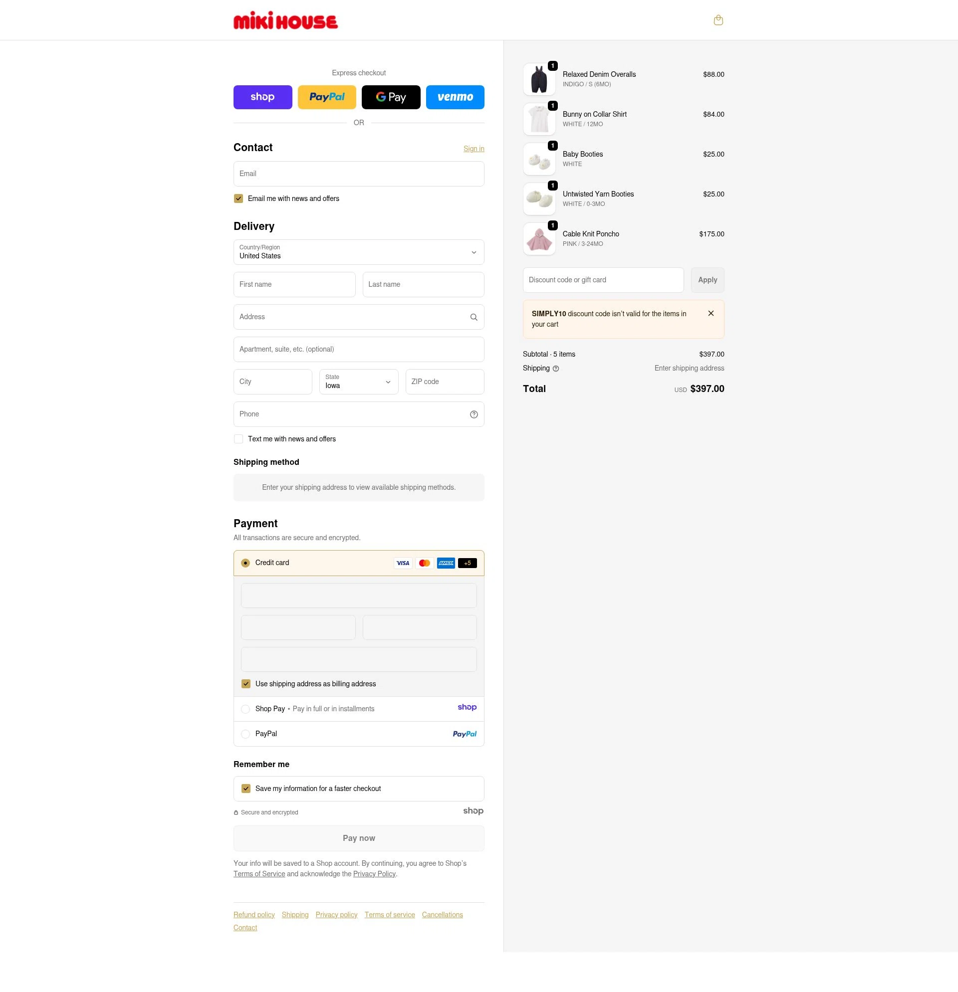 Miki House checkout page showing Miki House discount code box | Screenshot taken by SimplyCodes community member on Jan 1, 2026