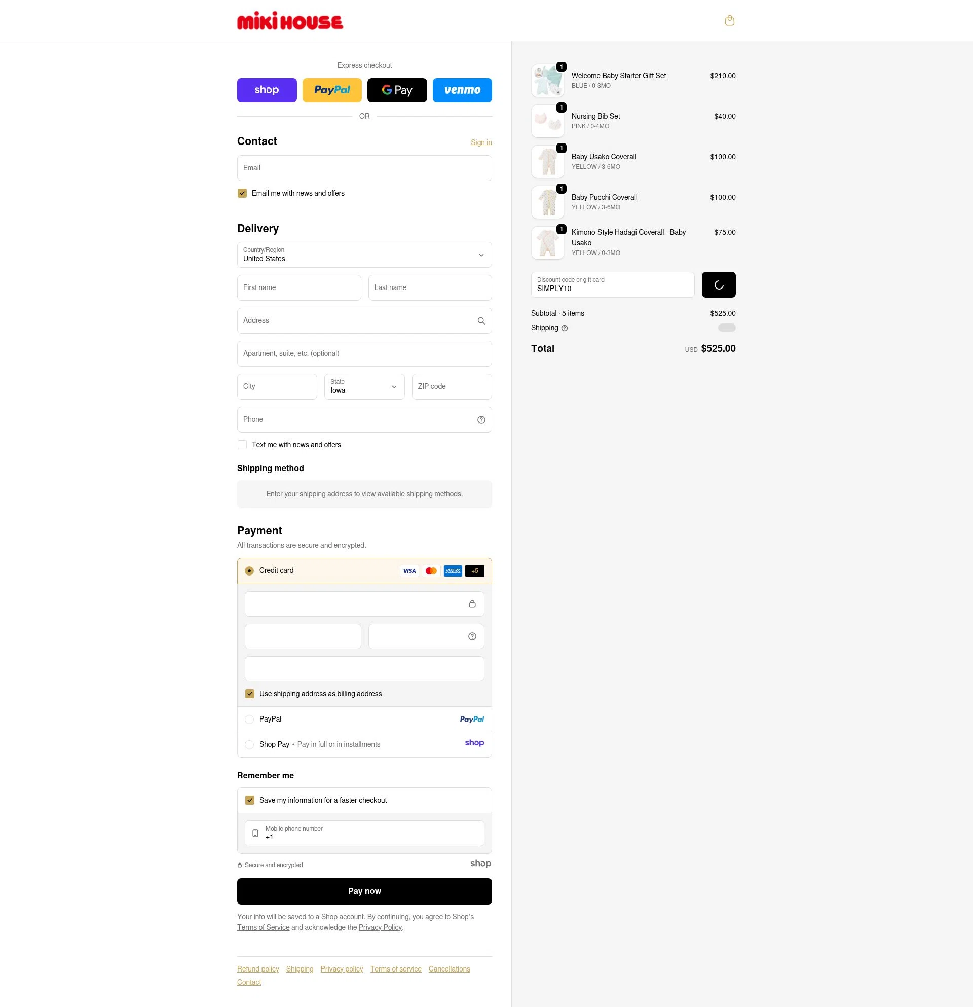 Miki House checkout page showing Miki House discount code box | Screenshot taken by SimplyCodes community member on Dec 15, 2025