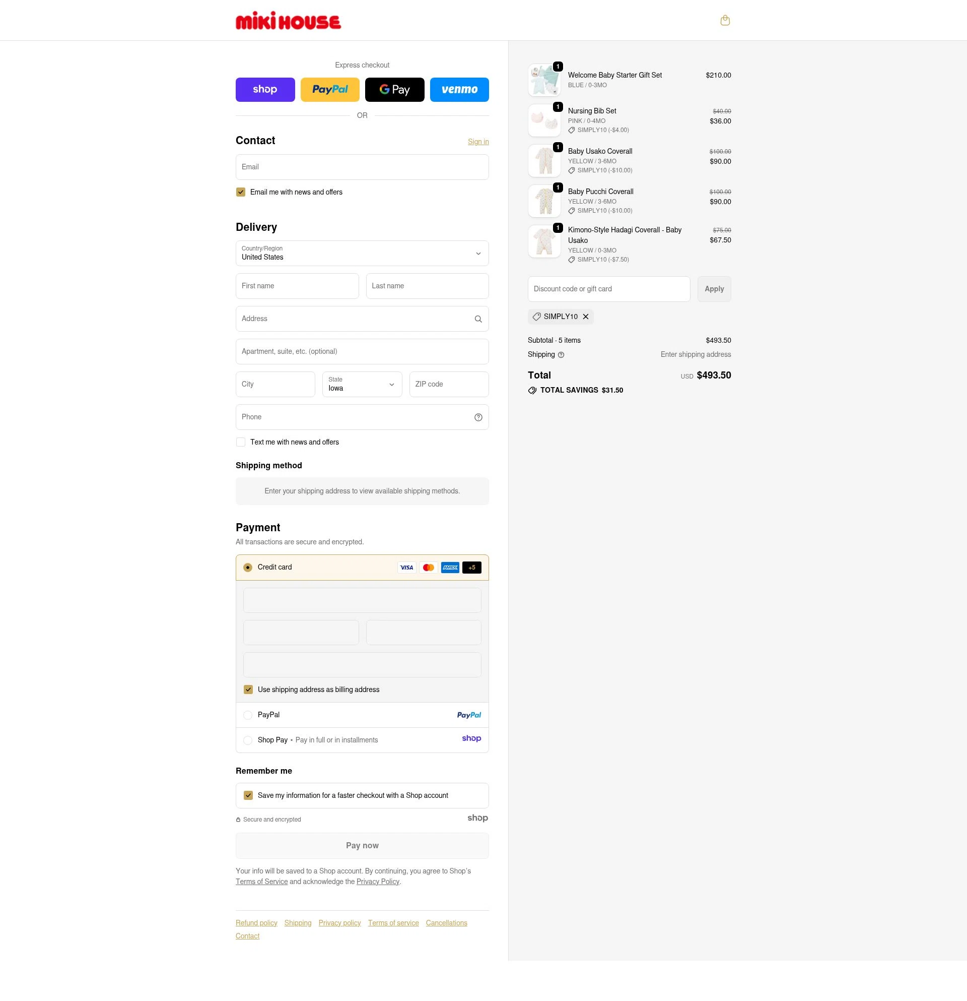Miki House checkout page showing Miki House discount code box | Screenshot taken by SimplyCodes community member on Dec 10, 2025