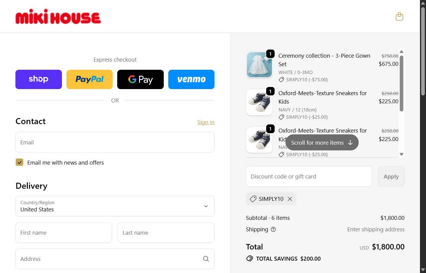 Miki House checkout page showing Miki House discount code box | Screenshot taken by SimplyCodes community member on Dec 27, 2025