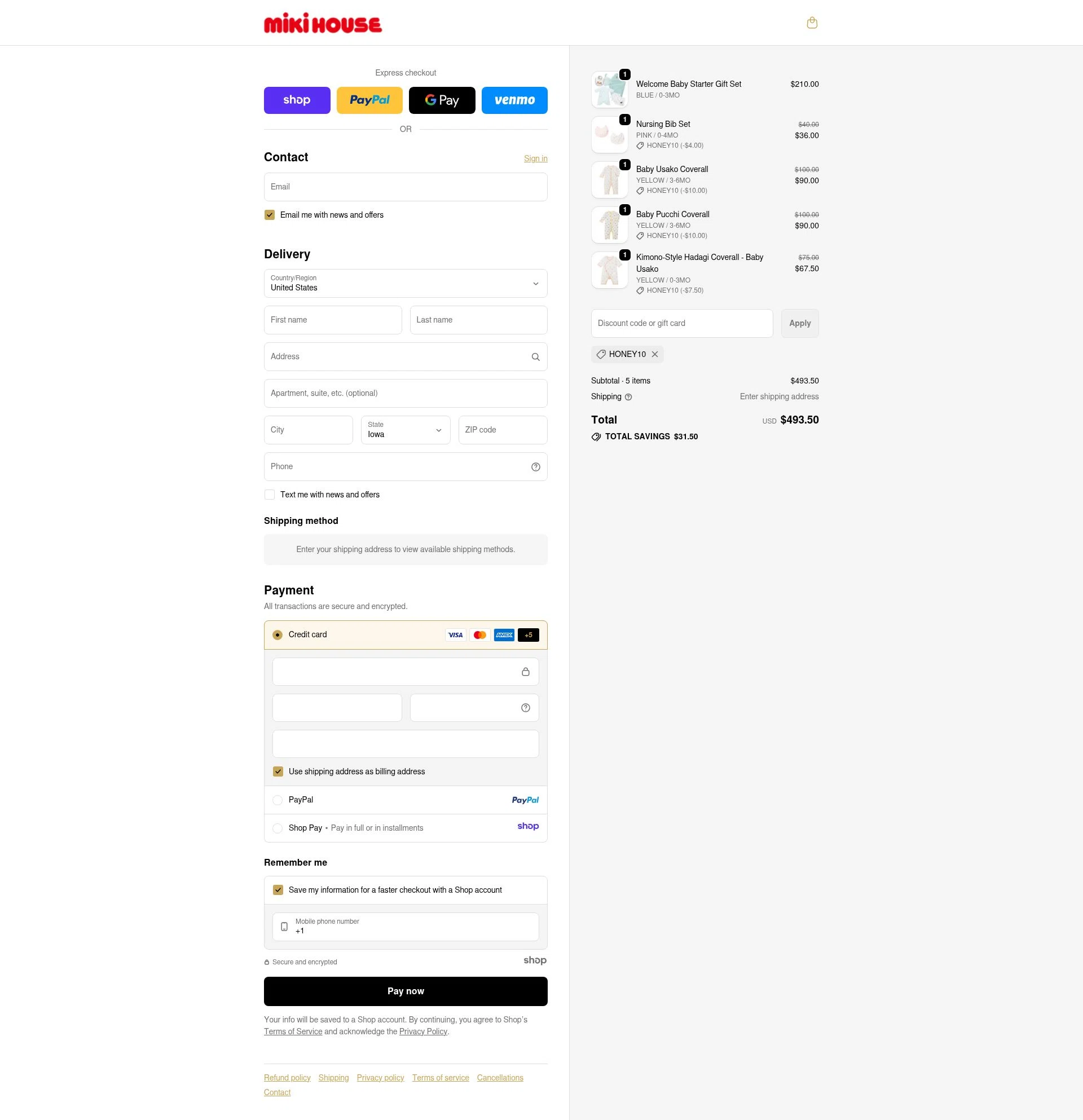 Miki House checkout page showing Miki House discount code box | Screenshot taken by SimplyCodes community member on Dec 10, 2025