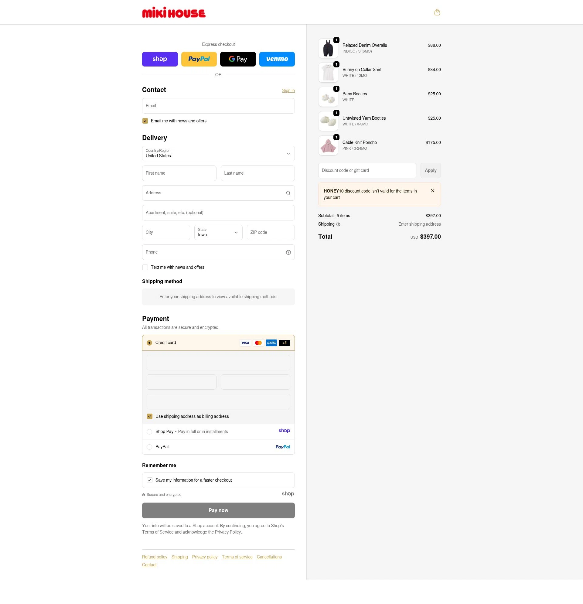 Miki House checkout page showing Miki House discount code box | Screenshot taken by SimplyCodes community member on Jan 1, 2026