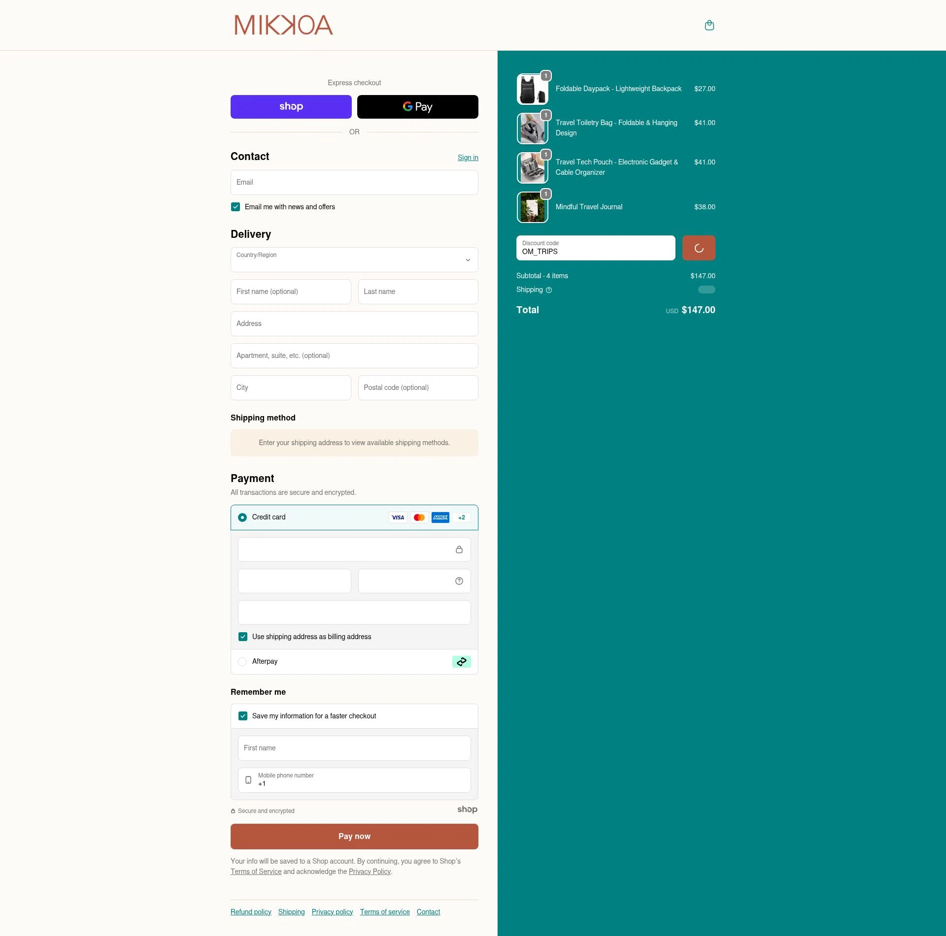 Mikkoa checkout page showing Mikkoa promo code box | Screenshot taken by SimplyCodes community member on Jan 3, 2026
