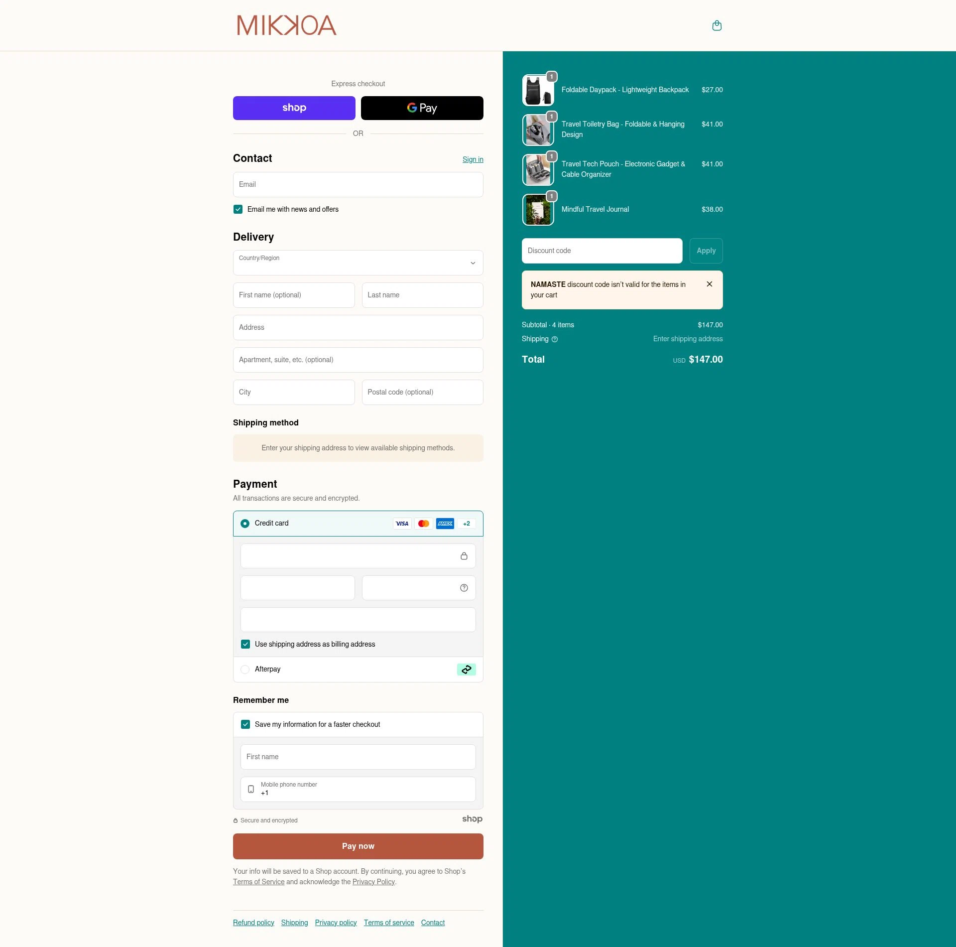Mikkoa checkout page showing Mikkoa promo code box | Screenshot taken by SimplyCodes community member on Jan 3, 2026