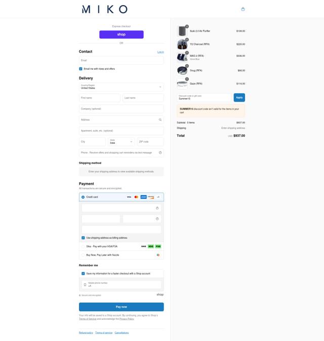 Miko checkout page showing Miko coupon code box | Screenshot taken by SimplyCodes community member on Sep 6, 2025