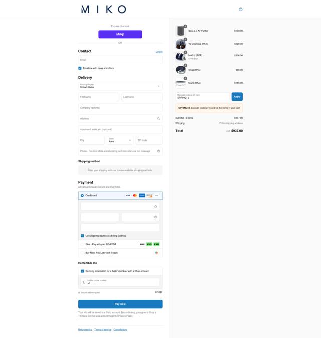 Miko checkout page showing Miko coupon code box | Screenshot taken by SimplyCodes community member on Sep 6, 2025
