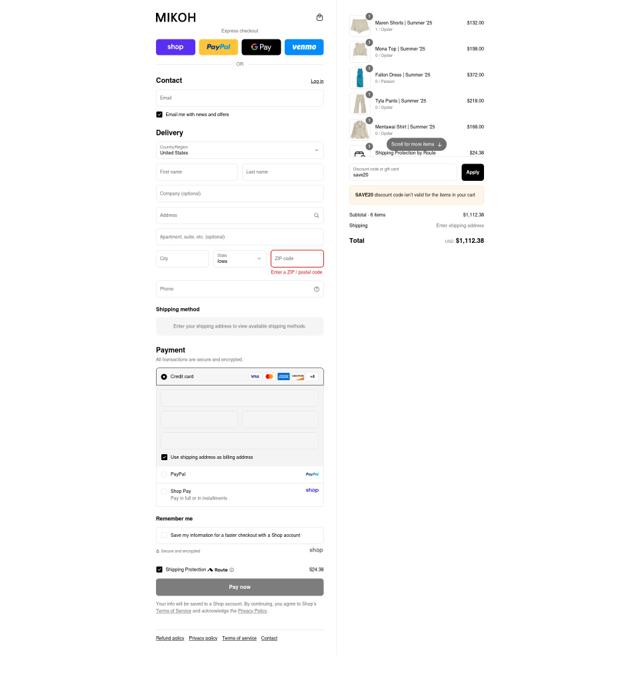 Mikoh checkout page showing Mikoh discount code box | Screenshot taken by SimplyCodes community member on Sep 8, 2025