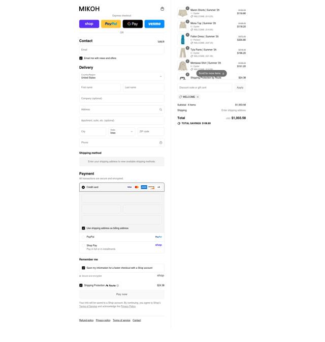 Mikoh checkout page showing Mikoh discount code box | Screenshot taken by SimplyCodes community member on Sep 4, 2025