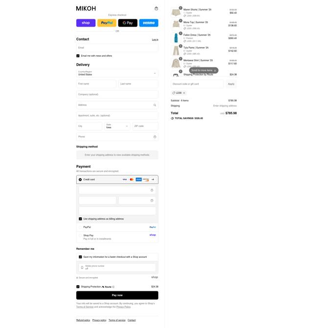Mikoh checkout page showing Mikoh discount code box | Screenshot taken by SimplyCodes community member on Aug 31, 2025