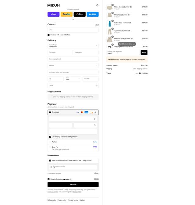 Mikoh checkout page showing Mikoh discount code box | Screenshot taken by SimplyCodes community member on Sep 4, 2025