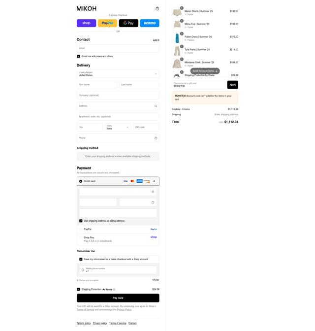 Mikoh checkout page showing Mikoh discount code box | Screenshot taken by SimplyCodes community member on Sep 4, 2025