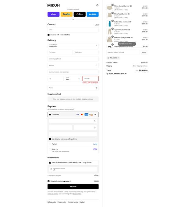 Mikoh checkout page showing Mikoh discount code box | Screenshot taken by SimplyCodes community member on Sep 8, 2025