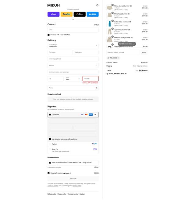 Mikoh checkout page showing Mikoh discount code box | Screenshot taken by SimplyCodes community member on Sep 12, 2025