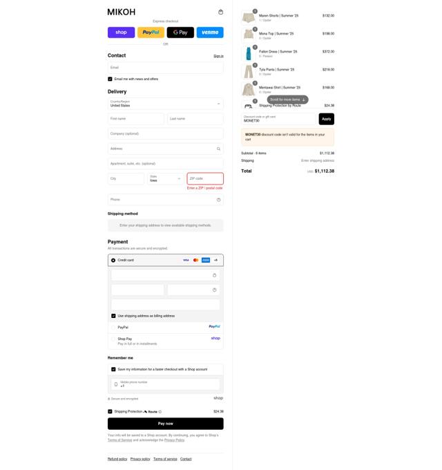 Mikoh checkout page showing Mikoh discount code box | Screenshot taken by SimplyCodes community member on Sep 12, 2025