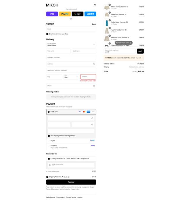 Mikoh checkout page showing Mikoh discount code box | Screenshot taken by SimplyCodes community member on Sep 12, 2025
