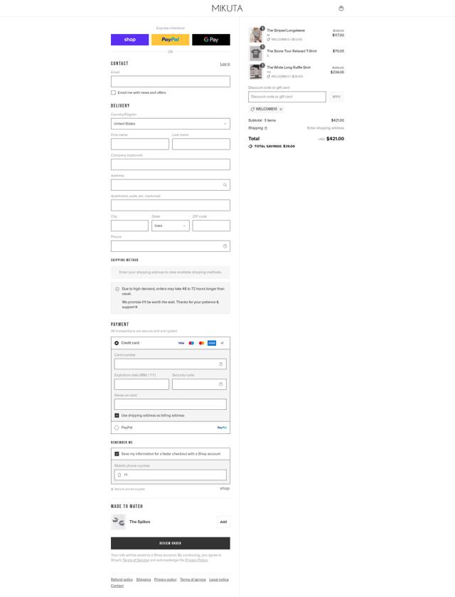 MIKUTA checkout page showing MIKUTA discount code box | Screenshot taken by SimplyCodes community member on Sep 6, 2025