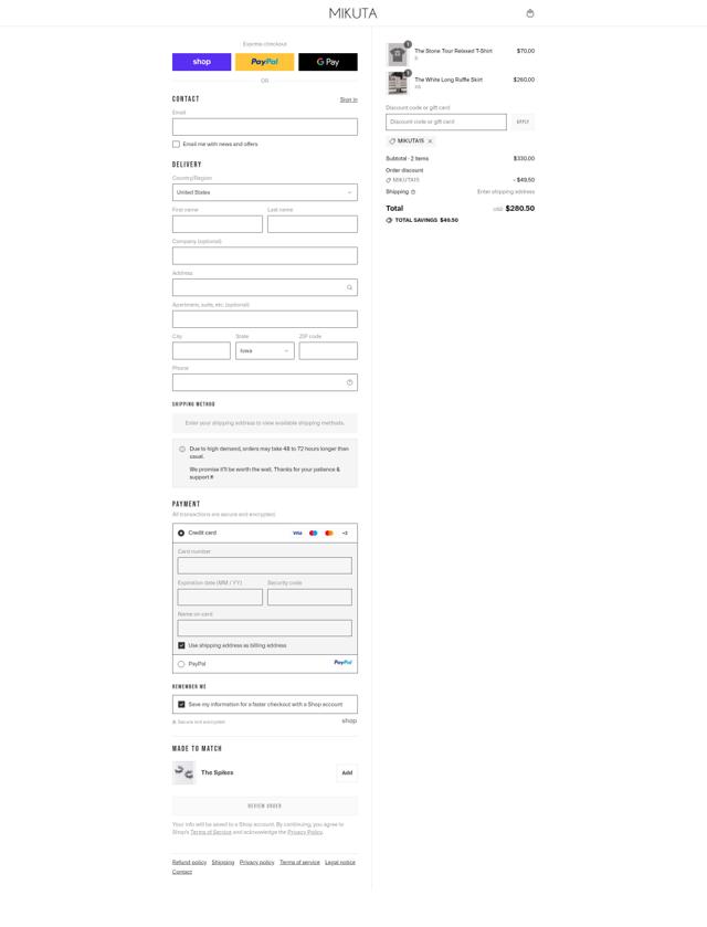 MIKUTA checkout page showing MIKUTA discount code box | Screenshot taken by SimplyCodes community member on Sep 10, 2025
