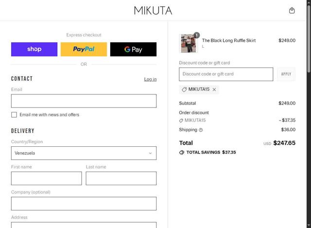MIKUTA checkout page showing MIKUTA discount code box | Screenshot taken by SimplyCodes community member on Sep 7, 2025