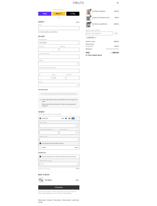 MIKUTA checkout page showing MIKUTA discount code box | Screenshot taken by SimplyCodes community member on Sep 6, 2025