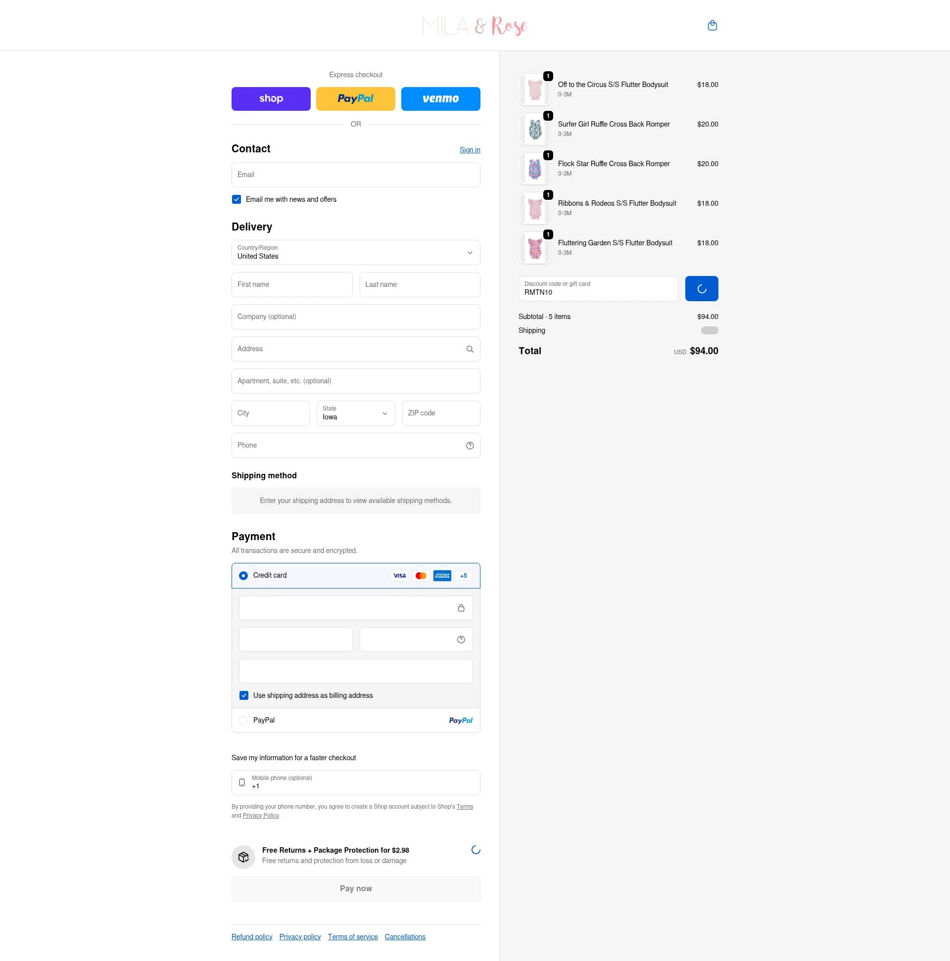 Mila & Rose checkout page showing Mila & Rose coupon code box | Screenshot taken by SimplyCodes community member on Feb 18, 2026