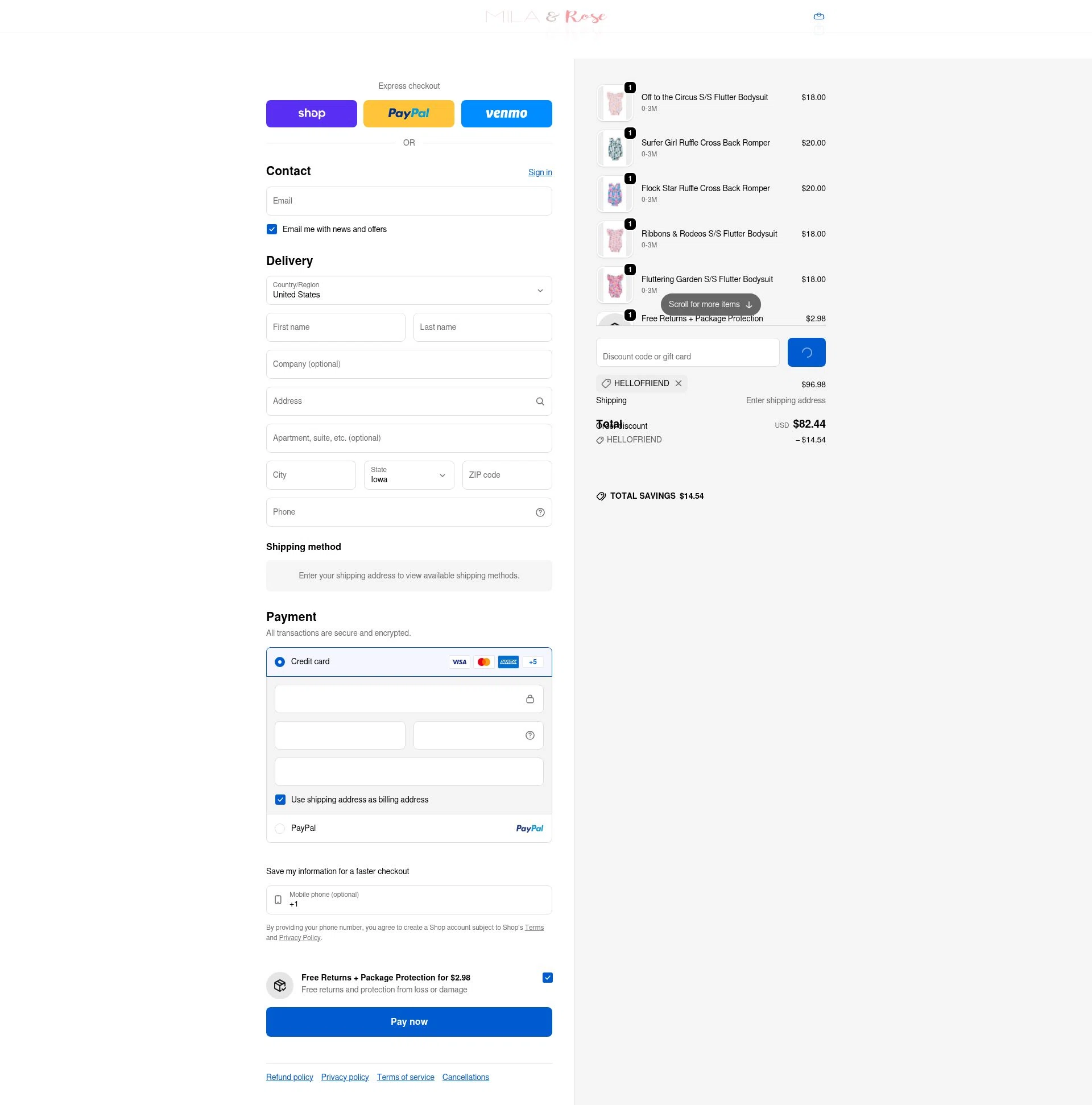 Mila & Rose checkout page showing Mila & Rose coupon code box | Screenshot taken by SimplyCodes community member on Feb 18, 2026