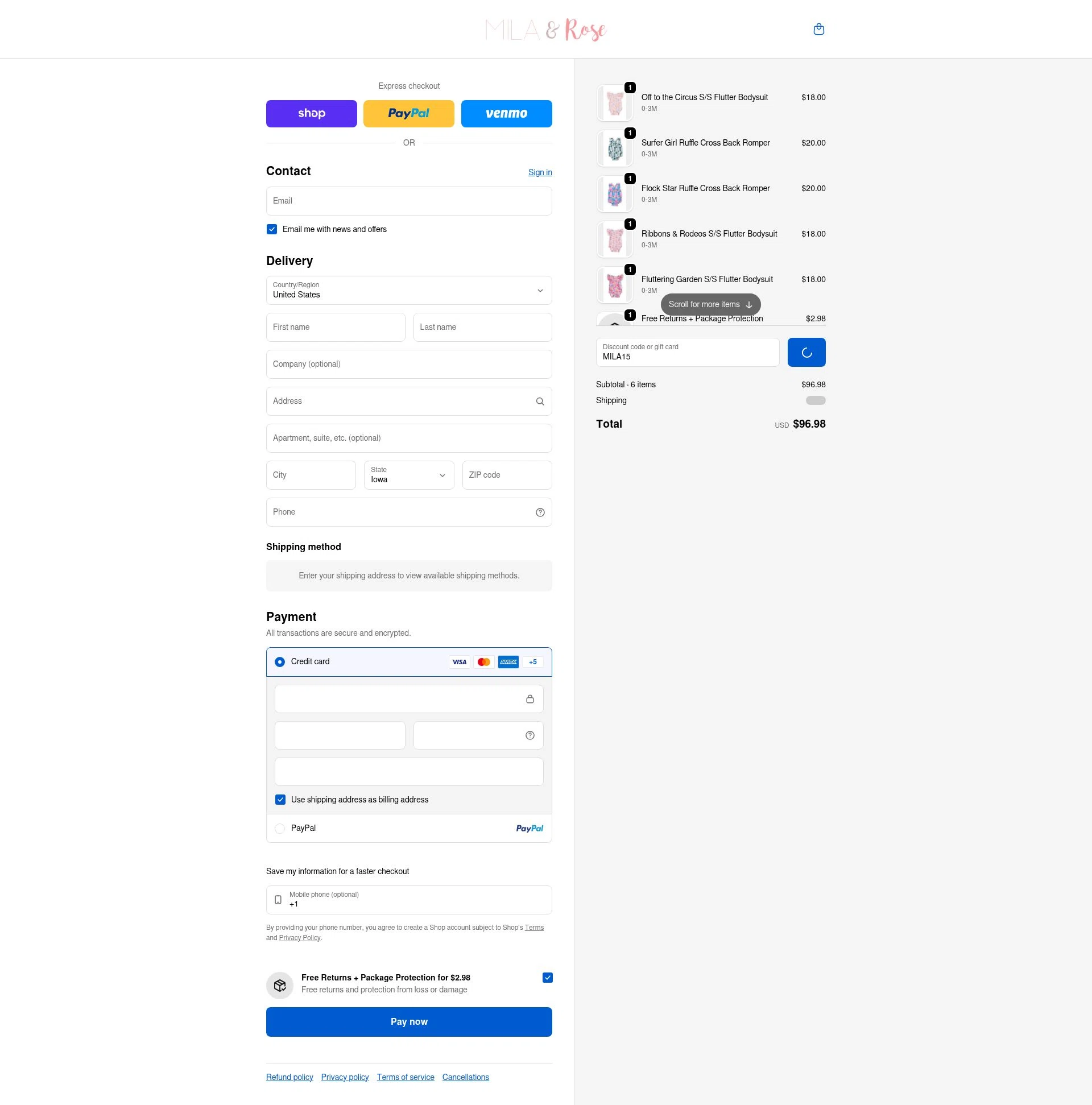Mila & Rose checkout page showing Mila & Rose coupon code box | Screenshot taken by SimplyCodes community member on Feb 18, 2026