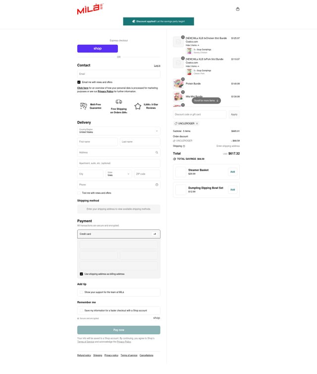 MìLà Dumplings checkout page showing MìLà Dumplings promo code box | Screenshot taken by SimplyCodes community member on Sep 6, 2025