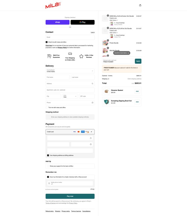 MìLà Dumplings checkout page showing MìLà Dumplings promo code box | Screenshot taken by SimplyCodes community member on Sep 6, 2025