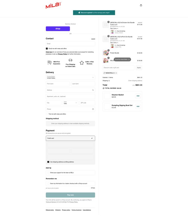 MìLà Dumplings checkout page showing MìLà Dumplings promo code box | Screenshot taken by SimplyCodes community member on Sep 6, 2025