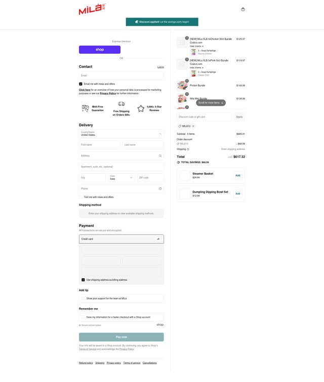 MìLà Dumplings checkout page showing MìLà Dumplings promo code box | Screenshot taken by SimplyCodes community member on Sep 6, 2025